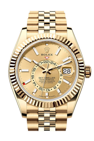 Rolex Sky Dweller Champagne Dial Fluted Bezel Yellow Gold Jubilee Bracelet 336938 Watch