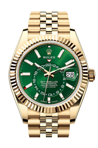 Rolex Sky Dweller Green Dial Fluted Bezel Yellow Gold Jubilee Bracelet 336938