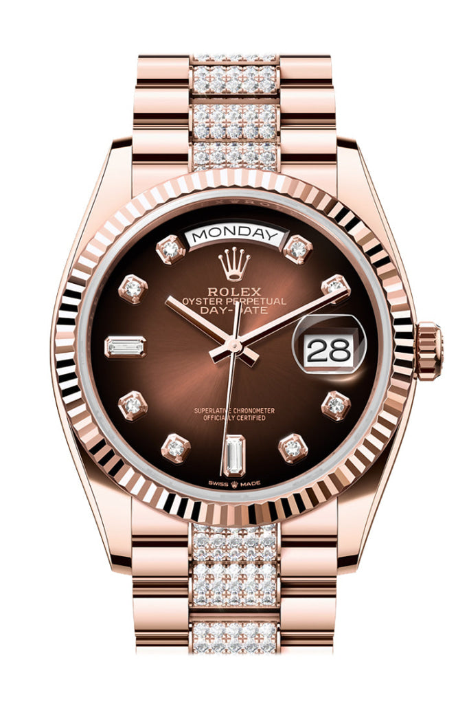 Rolex Day-Date 36 Brown Ombré Diamond Dial Fluted Bezel 18K Everose Gold President Watch 128235