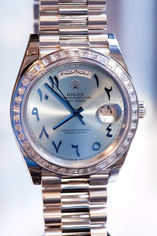 Rolex Day Date 40 Ice Blue Arabic Dial Diamond Bezel Platinum President Bracelet 228396TBR