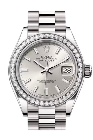 Rolex 279139RBR-0006 Datejust 28 Silver Dial  Diamond Bezel White Gold President Bracelet