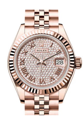 Rolex 279175-0024 Datejust 28 Pave Roman Dial  Fluted Bezel Rose Gold Jubilee Bracelet