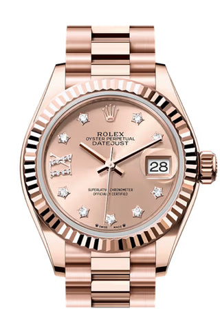Rolex 279175-0029 Datejust 28 Rose Star Pave Roman 9 Dial  Fluted Bezel Rose Gold President Bracelet