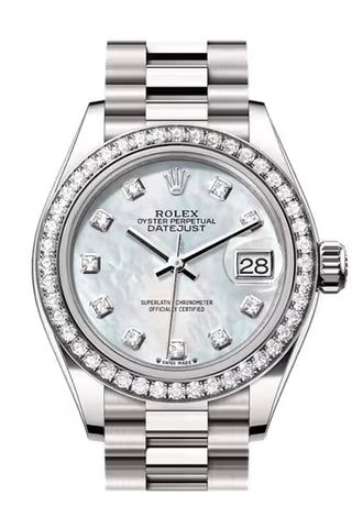 Rolex 279139RBR-0008 Datejust 28 Mop Diamond Dial Diamond Bezel White Gold President Bracelet