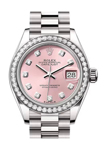 Rolex 279139RBR Datejust 28 Pink Diamond Dial Diamond Bezel White Gold President Bracelet