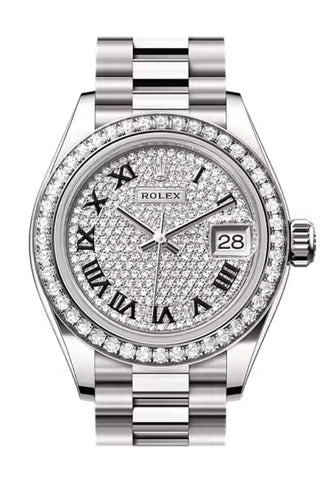 Rolex 279139RBR Datejust 28 Roman Diamond Dial Diamond Bezel White Gold President Bracelet