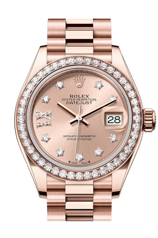 Rolex 279135RBR Datejust 28 Rose Star Pave Roman 9 Dial Diamond Bezel Rose Gold President Bracelet