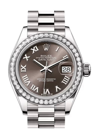 Rolex 279139RBR Datejust 28 Grey Roman Dial Diamond Bezel White Gold President Bracelet