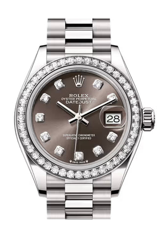 Rolex 279139RBR Datejust 28 Grey Diamond Dial Diamond Bezel White Gold President Bracelet