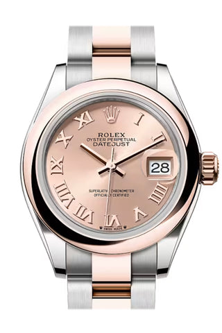Rolex 279161 Datejust 28 Rose Roman Dial Smooth Bezel Rose Gold Steel Oyster Bracelet