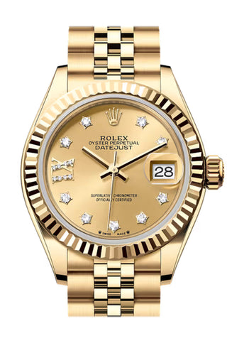 Rolex 279178 Datejust 28 Champagne Star Pave Roman 9 Dial Fluted Bezel Yellow Gold Jubilee Bracelet