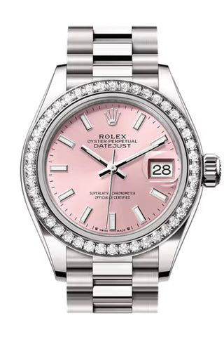 Rolex 279139RBR-0004 Datejust 28 Pink Dial Diamond Bezel White Gold President Bracelet