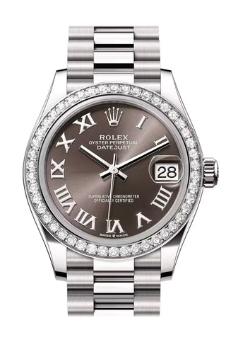 Rolex 278289RBR Datejust 31 Grey Roman Dial Diamond Bezel White Gold President Bracelet