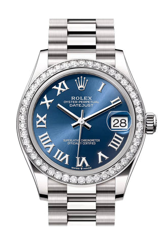 Rolex 278289RBR Datejust 31 Blue Roman Dial Diamond Bezel White Gold President Bracelet