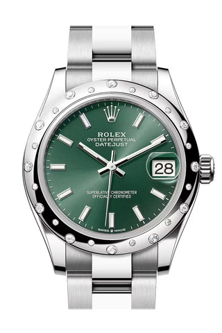 Rolex 278344RBR Datejust 31 Green Dial Dome Diamond Bezel White Gold Oyster Bracelet