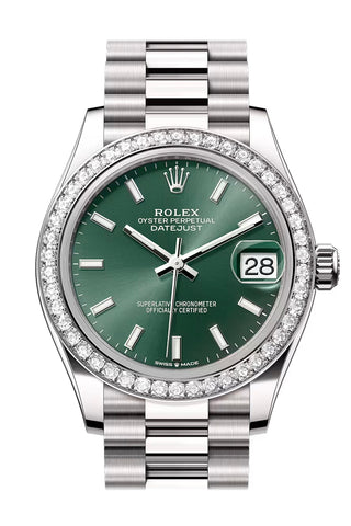 Rolex 278289RBR Datejust 31 Green Dial Diamond Bezel White Gold President Bracelet