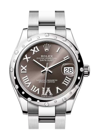 Rolex 278344RBR Datejust 31 Grey Roman Pave 6 Dial Dome Diamond Bezel White Gold Oyster Bracelet
