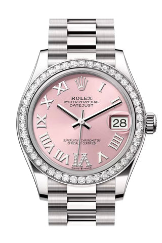 Rolex 278289RBR Datejust 31 Pink Roman Pave 6 Dial Diamond Bezel White Gold President Bracelet