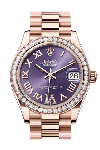 Rolex 278285RBR Datejust 31 Aubergine Roman Pave 6 Dial Diamond Bezel Rose Gold President Bracelet