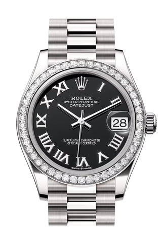 Rolex 278289RBR-0011 Datejust 31 Black Roman Dial Diamond Bezel White Gold President Bracelet