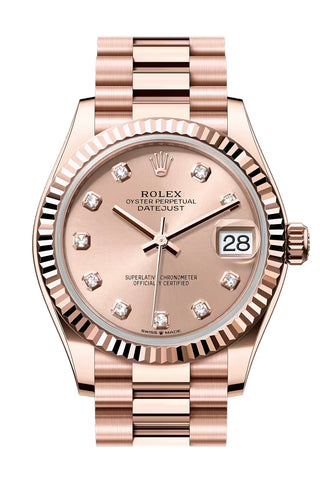 Rolex 278275 Datejust 31 Rose Diamond Dial Fluted Bezel Rose Gold President Bracelet