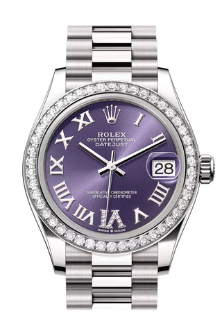 Rolex 278289RBR Datejust 31 Aubergine Roman Pave 6 Dial Diamond Bezel White Gold President Bracelet