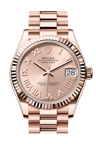Rolex 278275 Datejust 31 Rose Roman Dial Fluted Bezel Rose Gold President Bracelet