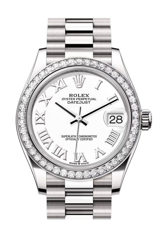 Rolex 278289RBR Datejust 31 White Roman Dial Diamond Bezel White Gold President Bracelet