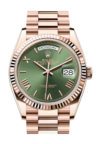 Rolex 128235-0089 Day-Date 36 GREEN ROMAN Dial FLUTED Bezel ROSE GOLD PRESIDENT Bracelet