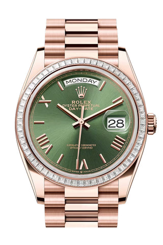Rolex 128395TBR-0033 Day-Date 36 GREEN ROMAN Dial BAGUETTE Bezel ROSE GOLD PRESIDENT Bracelet
