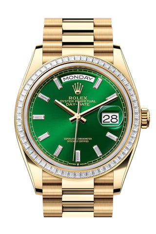 Rolex 128398TBR-0035 Day-Date 36 BRIGHT GREEN BAGUETTE Dial BAGUETTE Bezel YELLOW GOLD PRESIDENT Bracelet
