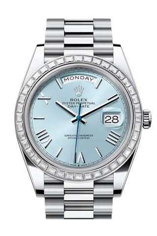 Rolex 228396TBR-0030 Day-Date 40 ROMAN ICE BLUE Dial BAGUETTE Bezel PLATINUM PRESIDENT Bracelet
