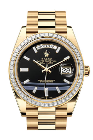 Rolex 228398TBR-0038 Day-Date 40 ONYX BLACK Dial BAGUETTE Bezel YELLOW GOLD PRESIDENT Bracelet