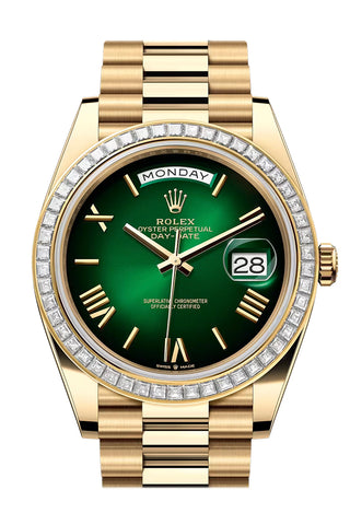 Rolex 228398TBR-0042 Day-Date 40 GREEN OMBRE ROMAN Dial BAGUETTE Bezel YELLOW GOLD PRESIDENT Bracelet