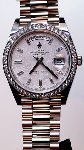 Rolex Day-Date 40 Meteorite Baguette Diamond Dial Diamond Bezel White Gold President Automatic Men's Watch 228349RBR 228349