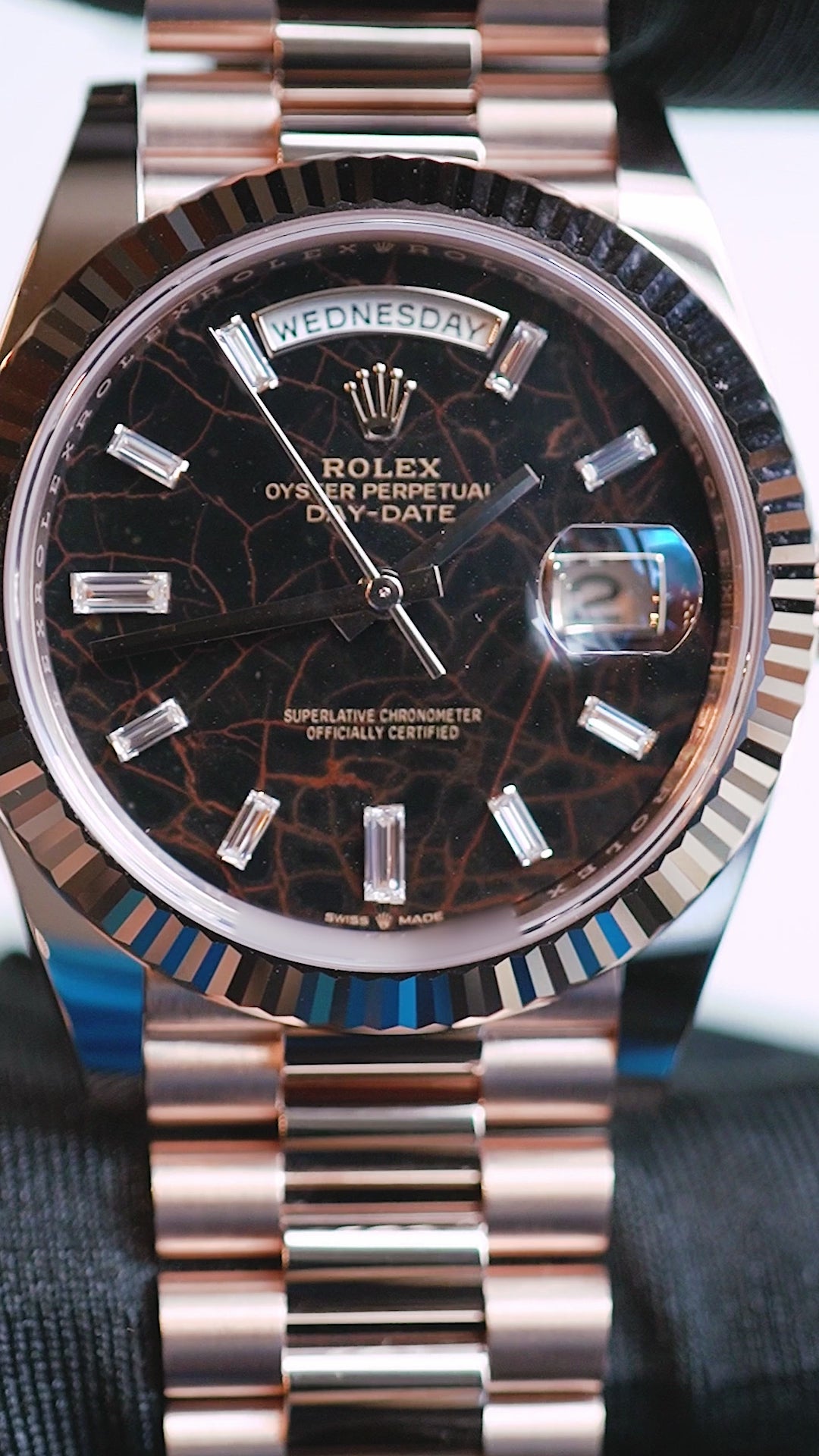 Rolex Day-Date 40 Eisenkiesel 10 Baguette-cut Fluted Dial Diamond Bezel 18K Everose gold President Automatic Men's Watch 228235