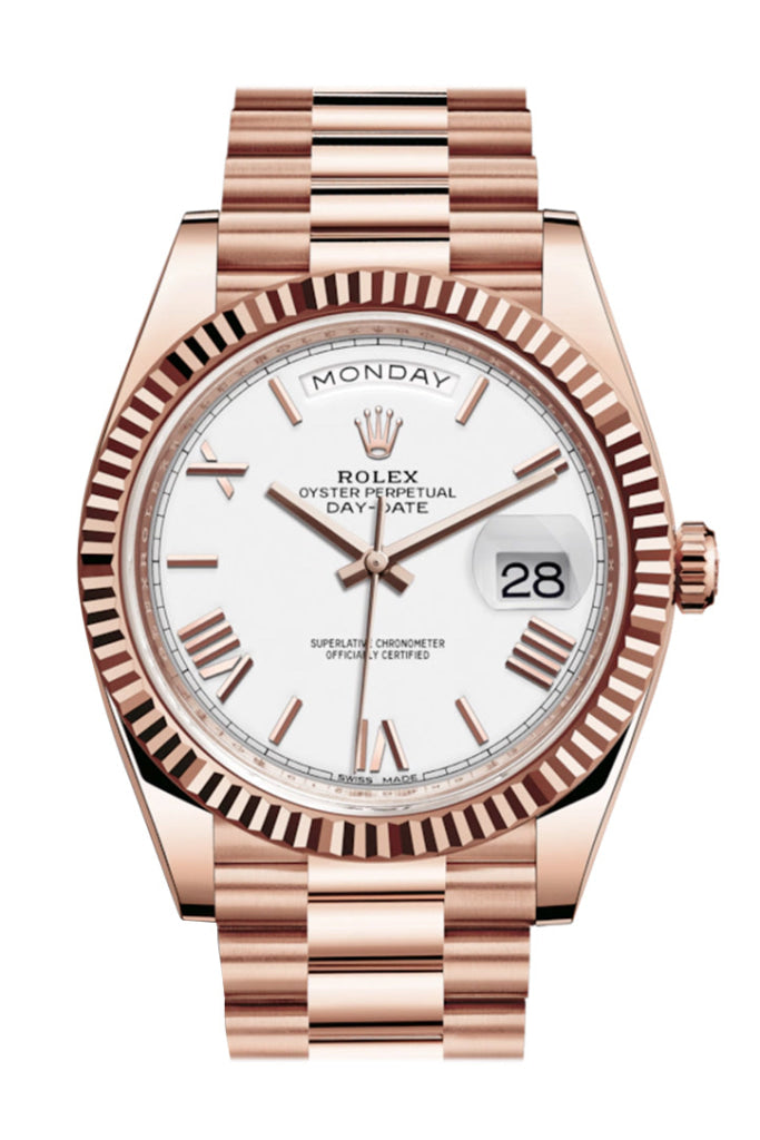 Rolex Day-Date 40 White Roman Dial Fluted Bezel 18K Everose Gold President Automatic Men’s Watch