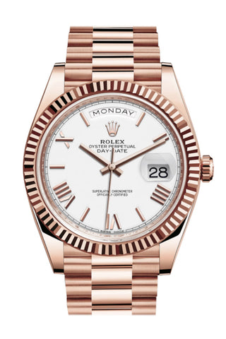 Rolex Day-Date 40 White Roman Dial Fluted Bezel 18K Everose Gold President Automatic Men’s Watch