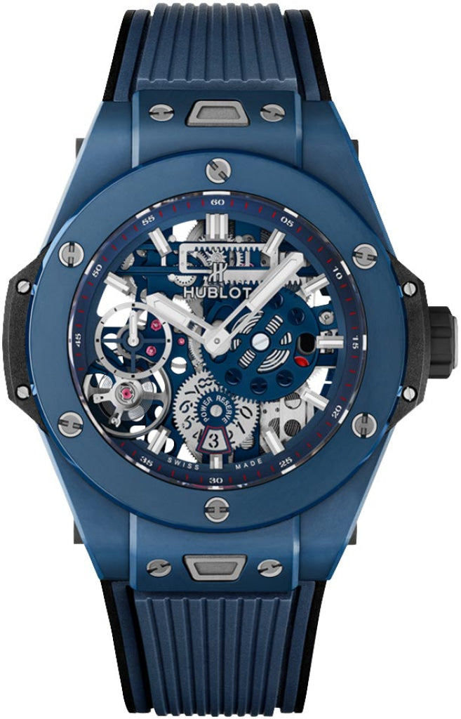 Hublot Big Bang Meca-10 45Mm In Ceramic Mat Blue Skeleton Dial Black Lined Structured Straps