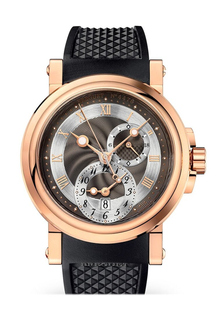Breguet Marine Dual Time Black Dial Rose Gold Rubber Mens Watch 5857Brz25Zu