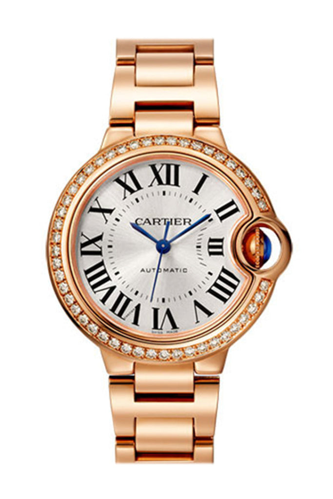 Cartier Ballon Bleu 33Mm Silver Dial Automatic Ladies 18Kt Rose Gold Diamond Watch Wjbb0036