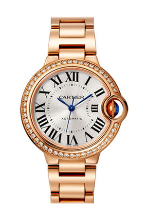 Cartier Ballon Bleu 33MM Silver Dial Automatic Ladies 18kt Rose Gold Diamond Watch WJBB0036