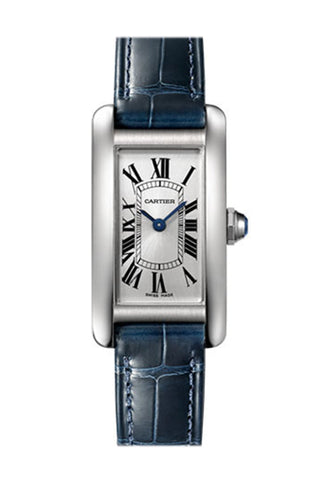 Cartier Tank Americaine Silver Dial Navy Leather Ladies Watch Wsta0016