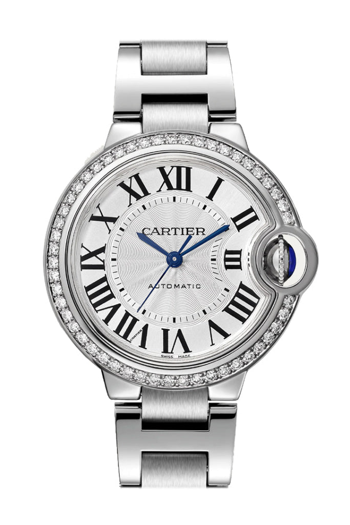 Cartier Ballon Bleu De 33Mm Diamond Bezel Silver Dial W4Bb0023 Watch