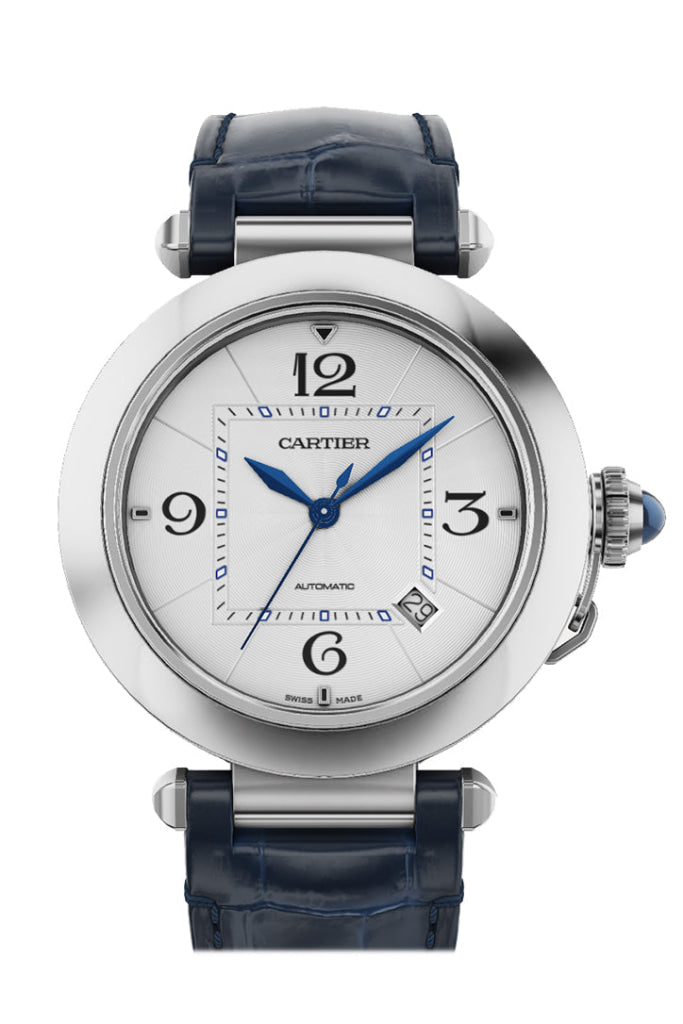 Cartier Steel Pasha Silver Dial Blue Croc Wspa0010 Watch