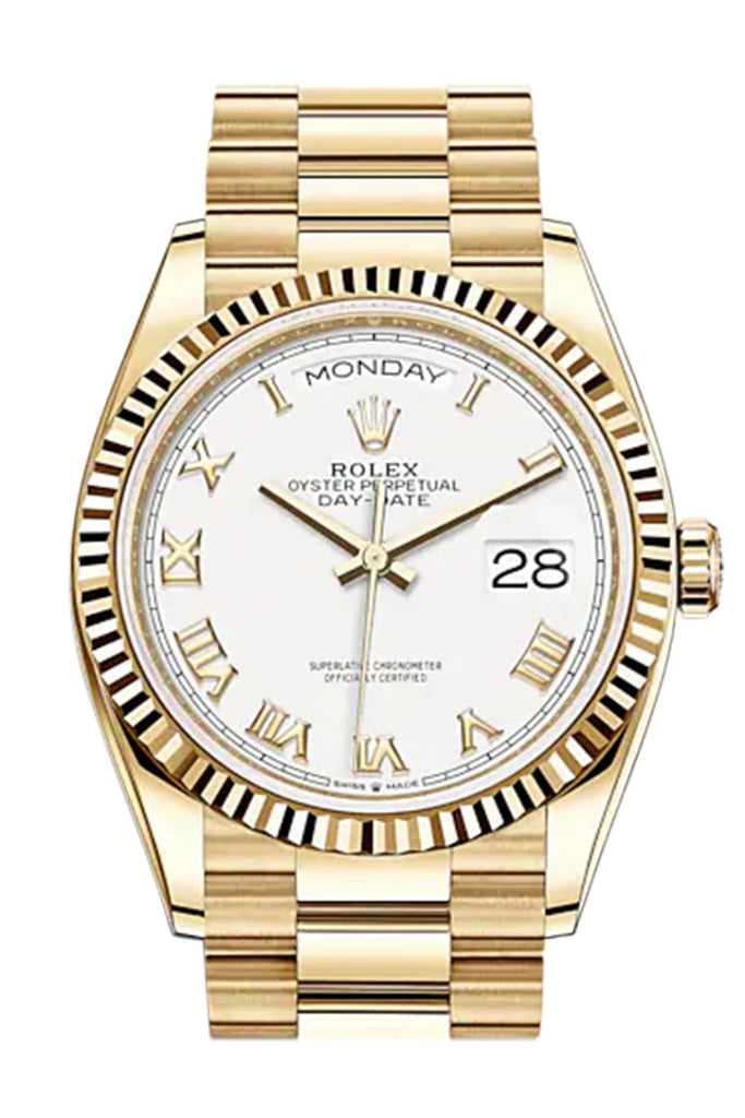 Rolex Day-Date 36 White Roman Dial 18K Yellow Gold Watch 128238 Dc