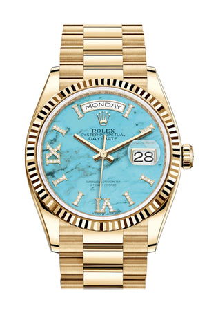 ROLEX Day-Date 36 Turquoise Dial 18K Yellow Gold Watch 128238