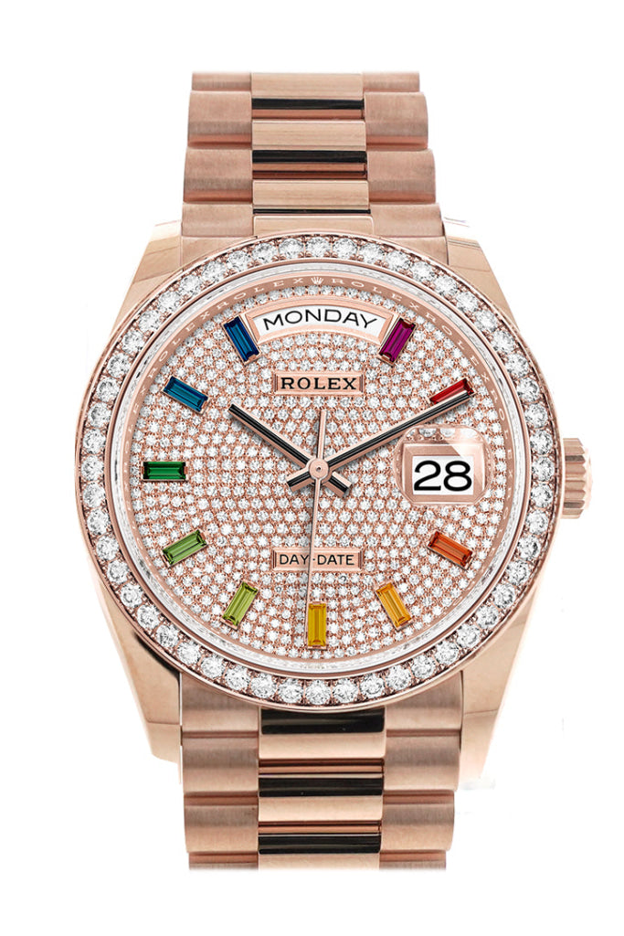 Rolex Day-Date 36 Everose Diamond Bezel Paved Rainbow Sapphire Dial President Bracelet Watch