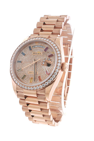 Rolex Day-Date 36 Everose Diamond Bezel Paved Rainbow Sapphire Dial President Bracelet Watch