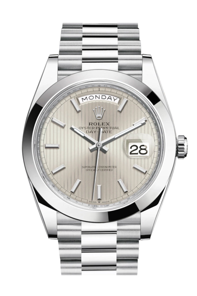 Rolex Day-Date 40 Silver Stripe Motif Dial Dome Bezel Platinum President Automatic Men’s Watch